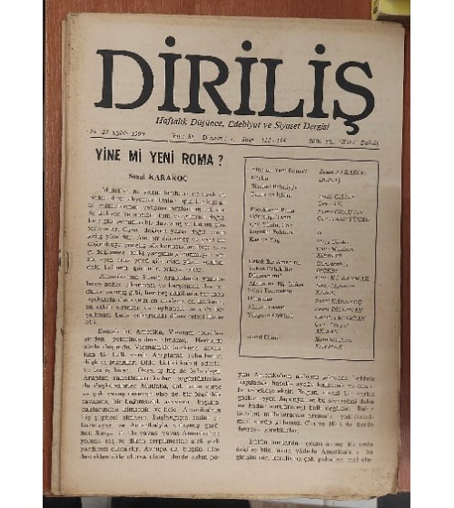 Diriliş Haftalık Düşünce Edebiyat ve Siyaset Dergisi Yıl: 31 Dönem: 7 Sayı: 113-114 / 15-28 Eylül 1990 (Yine mi Yeni Roma?) Diriliş Haftalık Düşünce Edebiyat ve Siyaset Dergisi Yıl: 31 Dönem: 7 Sayı: 113-114 / 15-28 Eylül 1990 (Yine mi Yeni Roma?)
